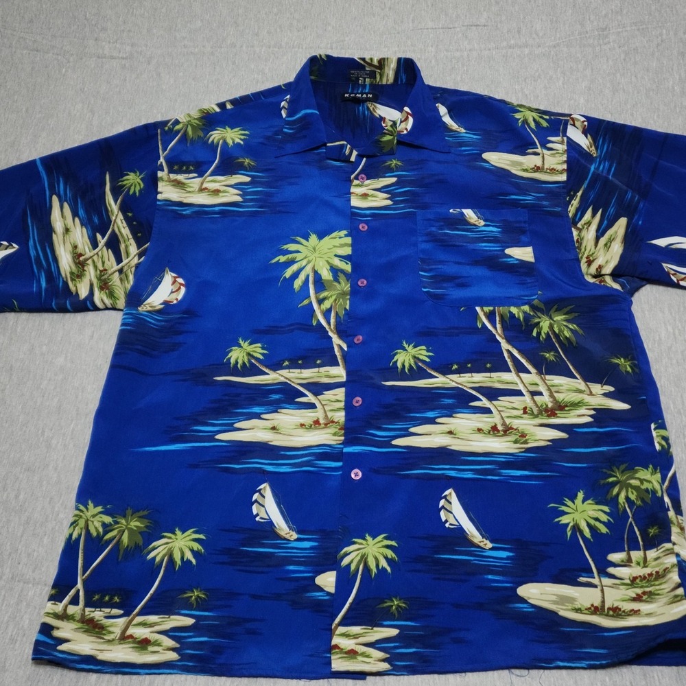 Vintage Koman Sport Mens XL Extra Large Blue Rayon Sailboat Tropical Aloha Shirt